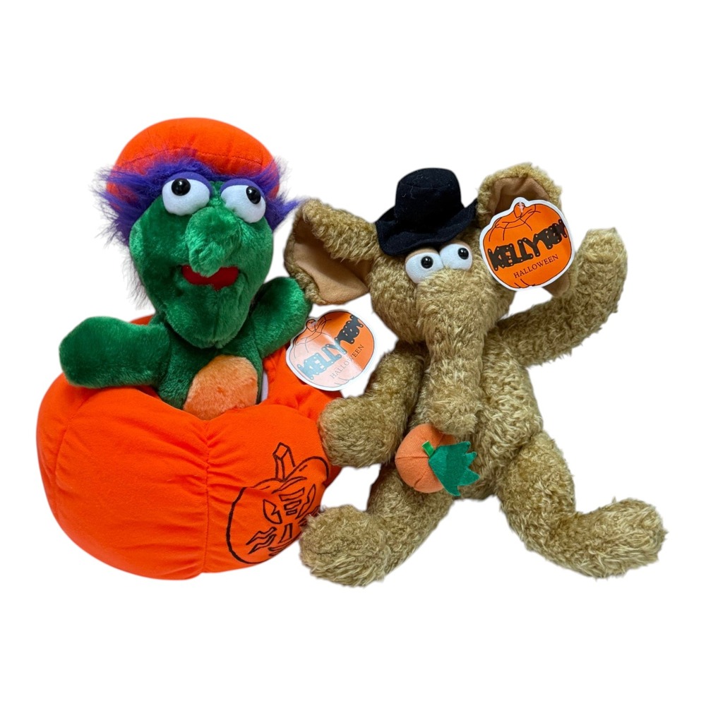 Kellytoy Halloween Plush Lot 2 Monster Pumpkin & Elephant Brown 14 in circa 2000